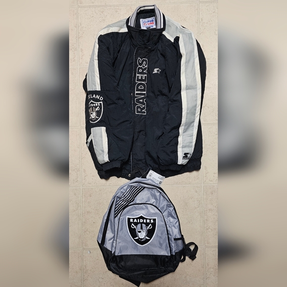Vintage 1990's (L) Oakland Raiders Pro Line Starter Zip-Up Jacket & Backpack